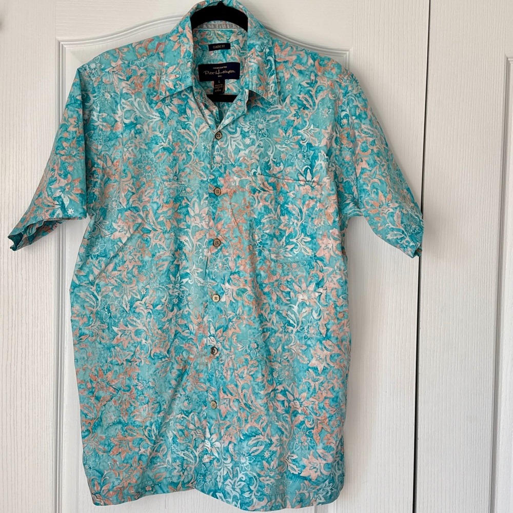 Pete Huntington Bali Shirt Mens Large Hawaiian Floral Short Sleeve Colorful